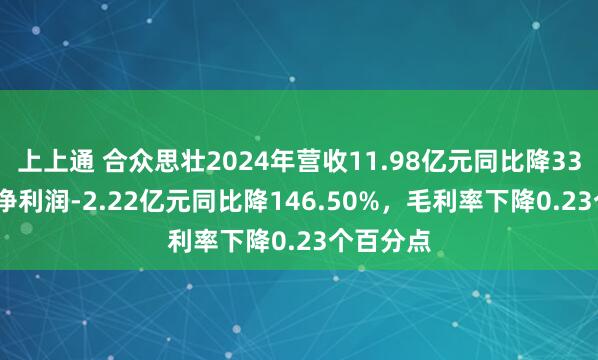 上上通 合众思壮2024年营收11.98亿元同比降33.51%，净利润-2.22亿元同比降146.50%，毛利率下降0.23个百分点