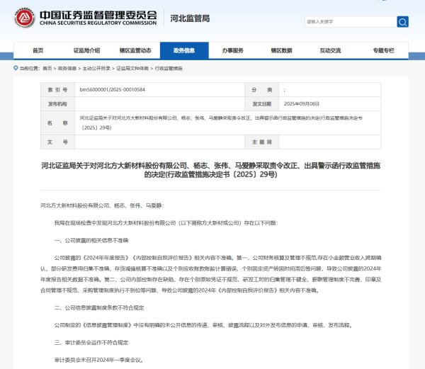 国信配资 V观财报｜方大新材年报不准确等被责令改正