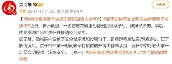 宏图配资 游客在凯里动物园被猴子抓伤后要求园区担责，知情人：私自违规投喂